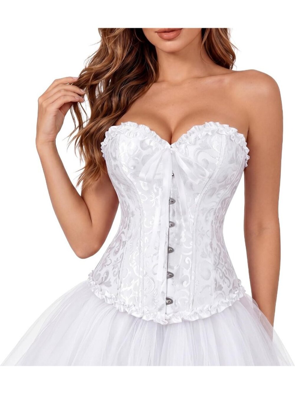 Women's White Polyester Sweetheart Neck Renaissance Bustier Lace Up Corset Top